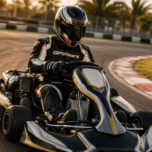 Go kart racing suit with breathable fabric and pre-curved fit