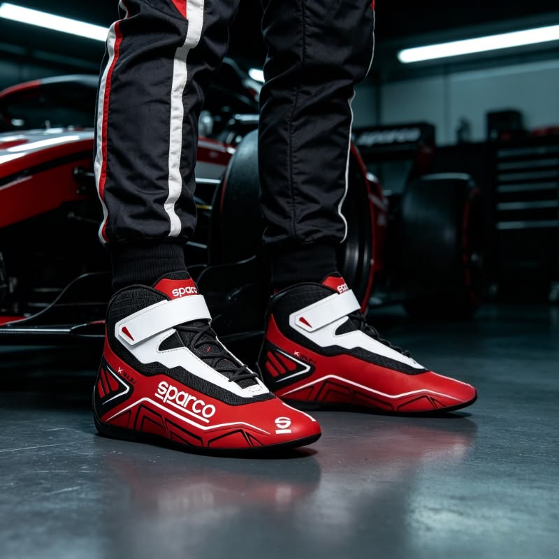 F1-style racing shoes with low-profile sole for pedal control