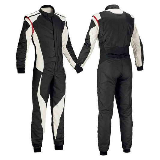 Black and White Go-Kart Driver Racing Suit