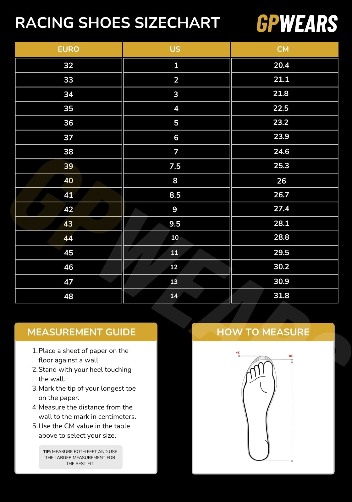 A size chart and measurement guide for GP WEARS racing shoes. The chart lists shoe sizes in Euro, US, and centimeters from 32 to 48.