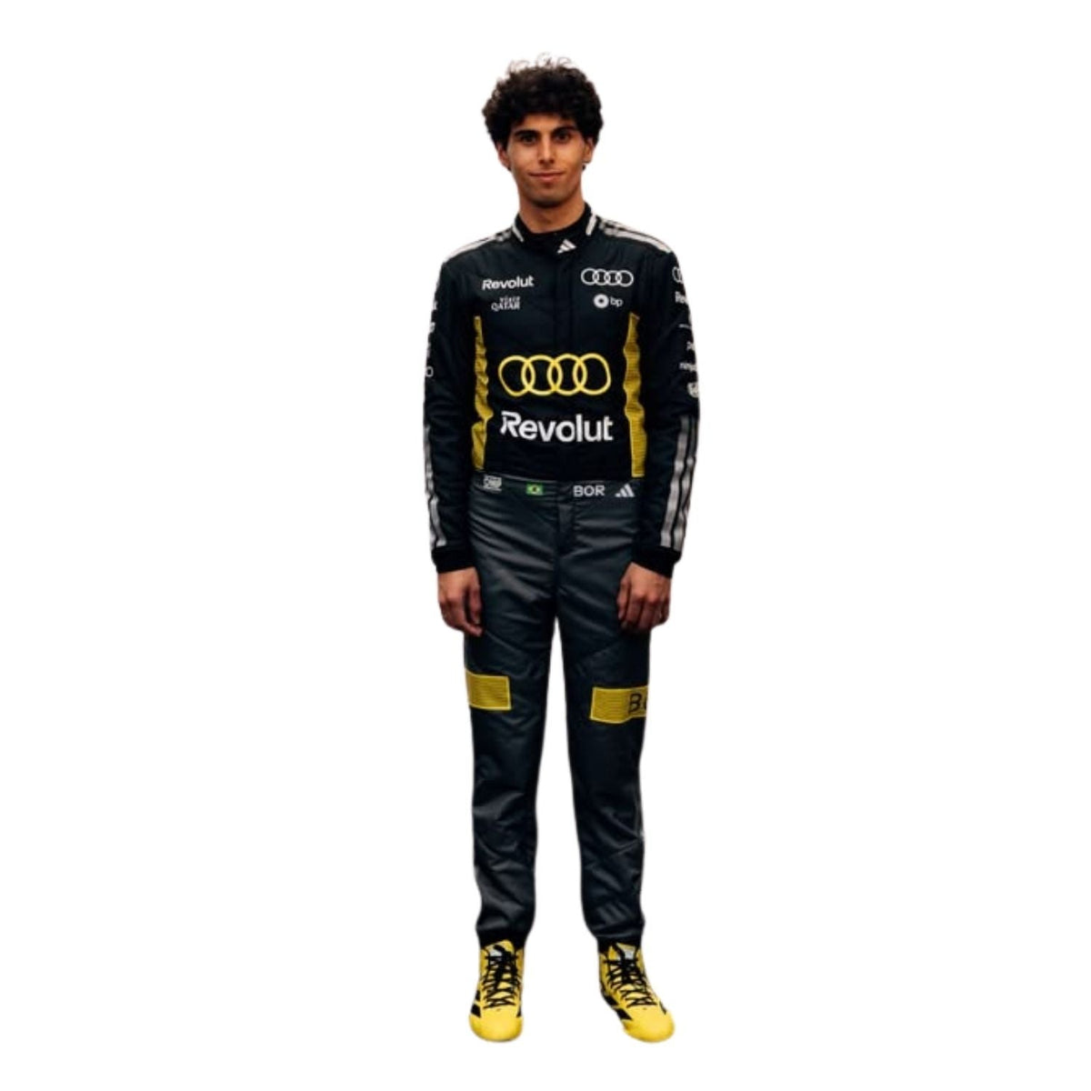 Gabriel Bortoleto 2026 F1 Race Suit Audi Monaco GP replica: gabriel Bortoleto in racing suit with helmet on a white background.