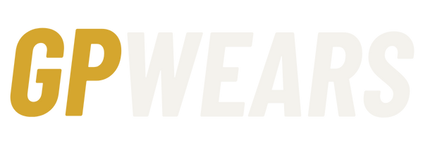 GPWEARS logo text on a black background, with the letters GP in a mustard-gold color and the remaining letters in a very light gray/off-white color.
