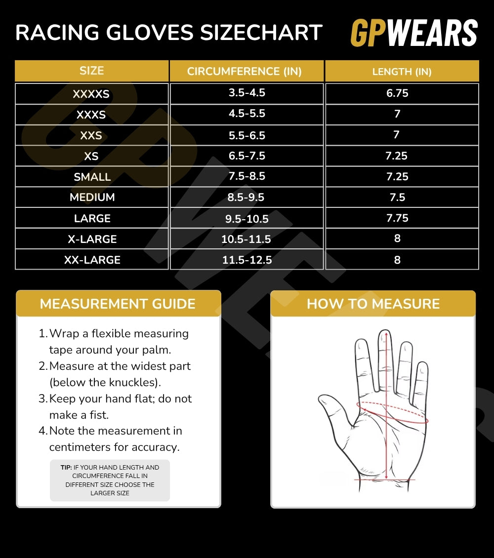 A size chart and measurement guide for GP WEARS racing gloves. The chart lists sizes XXXS through XXL with circumference and length measurements in centimeters and inches.